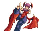  boots breasts bridal_gauntlets capcom cleavage demon_girl elbow_gloves feathers fingerless_gloves foreshortening gloves hands head_wings leotard lilith_aensland pantyhose pointing purple_hair red_eyes shiba_murashouji short_hair smile solo succubus vampire_(game) wide_hips wings 