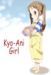  bouquet brown_eyes brown_hair cloud clouds english flower kyoto_animation kyoto_animation_cm kyoto_animation_girl miyagawa_(kyoto_animation) overalls shirt smile solo striped striped_shirt twintails yamasaki_wataru 