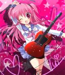  angel_beats! asahina_yori fang guitar instrument long_hair pink_eyes pink_hair school_uniform wink yui_(angel_beats!) 