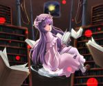  1girl book bookshelf bow gayprince hat hexagram highres library long_hair looking_back magic_circle pajamas patchouli_knowledge purple_eyes purple_hair sitting solo touhou voile window 