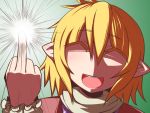  ^_^ blonde_hair closed_eyes hakika meme middle_finger mizuhashi_parsee open_mouth pointy_ears short_hair smile solo touhou 