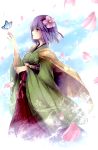  bow butterfly butterfly_on_hand camellia_(flower) capelet fingernails flower hagiwara_rin hair_ornament hieda_no_akyuu highres japanese_clothes kimono large_bow nail_polish profile purple_eyes purple_hair short_hair solo touhou wide_sleeves 