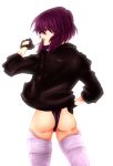  ass bad_id fingerless_gloves ghost_in_the_shell ghost_in_the_shell_stand_alone_complex gloves hand_on_hip highres jacket kusanagi_motoko leotard looking_back matano_maya maya_(artist) profile purple_hair red_eyes short_hair simple_background sleeves_rolled_up solo standing thigh-highs thighhighs thumbs_up 