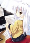 angel_beats! blazer instrument long_hair natsumikan piano school_uniform silver_hair sitting skirt socks solo tachibana_kanade yellow_eyes 