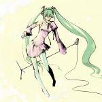  detached_sleeves dress green_hair hatsune_miku legs long_hair microphone microphone_stand solo thigh-highs thighhighs travo twintails very_long_hair vocaloid 