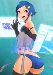  adobe_photoshop ass blue_hair flat_chest gloves highres ini k-on! looking_back original photoshop-tan purple_eyes see-through short_hair smile solo thigh-highs thighhighs violet_eyes 