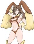  breasts brown_hair bunny_ears bunny_tail cleavage cleavage_cutout curvy grin hand_on_hip large_breasts leotard long_hair lopunny midriff navel personification pokemon pose rabbit_ears sideboob simple_background smile solo tail underboob white_background xinjing 