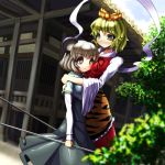  animal_ears blonde_hair blurry capelet depth_of_field dowsing_rod grey_hair hair_ornament height_difference hug looking_down looking_up mouse_ears nazrin outdoors red_eyes shawl short_hair smile standing sweatdrop tiger_print toramaru_shou touhou umigarasu_(artist) umigarasu_(kitsune1963) yellow_eyes 