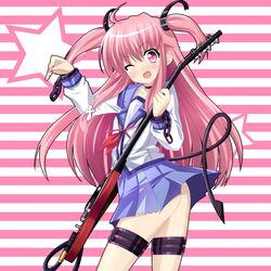  ahoge angel_beats! belt choker cross demon_tail fang guitar instrument long_hair pink_eyes pink_hair school_uniform short_twintails skirt solo tail thigh_strap twintails yui_(angel_beats!) 