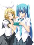  aqua_hair blonde_hair blue_eyes hair_ornament hair_ribbon hairclip hatsune_miku headphones highres kagamine_rin koikeya long_hair necktie playstation_portable psp ribbon skirt twintails very_long_hair vocaloid wink 