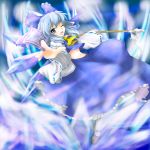  blue_eyes blue_hair bow cirno cosplay fang hair_bow hakurei_reimu hakurei_reimu_(cosplay) japanese_clothes midriff miko pr0vidence solo staff touhou wings wink 