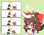 anger_vein angry animal_ears bare_shoulders big_hair blonde_hair blush bow brown_hair cat_ears cat_tail chibi chin_tickle comic detached_sleeves fang frown hair_bow hakurei_reimu happy heart highres kemonomimi_mode kirisame_marisa large_bow no_hat no_headwear petting ponytail red_eyes sequential short_hair silent_comic slit_pupils tail touhou yasuda young 