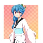  akisa9 alternate_costume alternate_hairstyle blue_eyes blue_hair food food_as_clothes food_themed_clothes fruit hair_ornament hinanawi_tenshi japanese_clothes kimono long_hair peach red_eyes short_hair solo touhou 