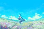  blue_eyes blue_hair cloud clouds com_kom detached_sleeves flower flower_field hand_on_chest hand_on_own_chest hatsune_miku long_hair necktie open_mouth petals poppy_(flower) salvia singing skirt sky solo standing thigh-highs thighhighs torn_clothes twintails very_long_hair vocaloid wind 