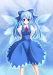  adult alternate_hair_length alternate_hairstyle arms_behind_back blue_eyes blue_hair bow cirno dress hair_bow highres large_bow long_hair neck_ribbon ribbon smile solo sorato_(akito) touhou wings 
