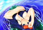  akiyama_mio bikini black_hair blue_eyes bol breasts cleavage k-on! large_breasts long_hair mask ocean raft solo swimsuit upside-down 