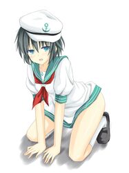  1girl anchor black_hair blue_eyes blush bottomless gingami hat murasa_minamitsu nagomi_no_ame no_panties no_pants sailor sailor_collar sailor_hat sailor_suit sailor_uniform short_hair solo tears touhou 