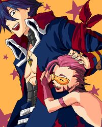  adult blue_hair boota choker corset glasses hand_on_head happy hug lolalol lowres multiple_boys personification red_hair redhead simon spoilers star tengen_toppa_gurren_lagann trench_coat trenchcoat young 