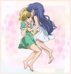  barefoot blonde_hair blue_hair closed_eyes dress forehead_kiss furude_rika hairband higurashi_no_naku_koro_ni hime_cut houjou_satoko kiss legs long_hair no_legwear panties pantyshot pink_eyes sailor_dress short_hair skirt underwear wink yuri 