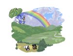  chen chibi cirno flying inaba_tewi leaf leaf_umbrella rainbow touhou 