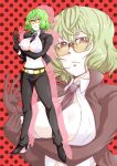  bespectacled between_breasts breasts capcom cleavage cosplay crimson_viper crimson_viper_(cosplay) glasses gloves green_hair kazami_yuuka large_breasts midriff necktie polka_dot polka_dot_background red_eyes sagattoru short_hair solo street_fighter street_fighter_iv touhou zoom_layer 