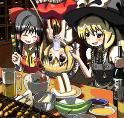  ^_^ banana beer black_hair blonde_hair blue_eyes bottle bow braid cream_(artist) drinking eating flandre_scarlet food hair_bow hakurei_reimu hat kirisame_marisa red_eyes touhou twin_braids upside-down wings witch_hat 