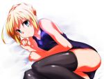  blonde_hair blue_eyes fate/stay_night fate_(series) on_side one-piece_swimsuit saber school_swimsuit swimsuit thigh-highs thighhighs 