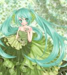  aqua_eyes aqua_hair bare_shoulders blush dress flower gown green green_dress hair_flower hair_ornament hand_on_chest hand_on_own_chest hatsune_miku highres leaf long_hair noriha rose solo strapless_dress twintails very_long_hair vocaloid 
