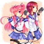  angel_beats! bad_id belt choker cross demon_tail fang iwasawa long_hair microphone multiple_girls pink_eyes pink_hair purple_hair red_eyes saotome_mirai school_uniform serafuku short_hair short_twintails sleeves_rolled_up smile tail thigh_strap twintails yui_(angel_beats!) 