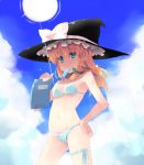 1girl bikini braid cloud clouds hand_on_hip hat kirisame_marisa mouth_hold navel popsicle shin_(new) sky solo sun swimsuit touhou witch_hat 