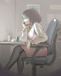  chair chin_rest coffee computer_mouse crossed_legs gray_pantyhose office_chair office_lady original pantyhose sitting solo 