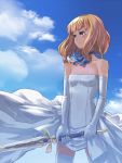  bangs bare_shoulders blonde_hair blue_eyes blunt_bangs blush choker cloud clouds dress dress_lift elbow_gloves eyebrows eyelashes flat_chest garter_straps garters gloves lace lace-trimmed_thighhighs looking_away mole neck_ribbon original outdoors ribbon short_hair sketch sky solo standing sumith sword thigh-highs thighhighs weapon white_gloves white_legwear wind_lift zettai_ryouiki 
