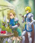  2boys apple armor blonde_hair blue_eyes braid flynn_scifo food fruit green_background multiple_boys pikohan red_eyes short_hair sodia sword table tales_of_(series) tales_of_vesperia thigh-highs thighhighs weapon witcher 