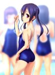  flat_chest goggles highres long_hair looking_back norizou_type-r one-piece_swimsuit original pink_eyes purple_hair school_swimsuit solo swimsuit twintails 