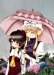  flower geike hakurei_reimu highres hydrangea multiple_girls rain touhou umbrella yakumo_yukari 