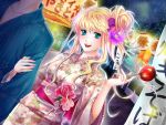  blonde_hair blue_eyes blush flower food fruit hair_flower hair_ornament japanese_clothes kimono macross macross_frontier sheryl_nome summer_festival tamari_(flawless) 