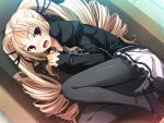  black_legwear blonde_hair blush box breasts drill_hair fetal_position game_cg hair_ribbon in_box in_container jpeg_artifacts kokudou_kyouka long_hair necktie open_mouth panties panties_under_pantyhose pantyhose red_eyes ribbon surprised tomose_shunsaku twin_drills twintails underwear 