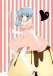  bad_id blue_hair blush dress elbow_gloves gloves green_eyes hatsune_miku highres mikio_k._gobouten mouth_hold pudding sitting spoon striped thigh-highs thighhighs vocaloid 