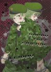  beret bruise cuffs cuts dog_tags dogtags dual_persona flippy green_eyes green_hair grin handcuffs happy_tree_friends hat injury knife male military military_uniform personification rochmaya short_hair smile uniform yellow_eyes 