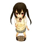  blush brown_eyes from_above k-on! kneehighs long_hair looking_up mizutamako nakano_azusa open_mouth payot pigeon-toed school_uniform shy skirt socks solo sweater sweater_vest twintails 