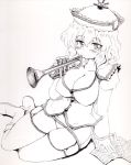  breasts cleavage curvy garter_belt garter_straps hat instrument large_breasts merlin_prismriver monochrome okirakunikku panties solo thigh-highs thighhighs thighs touhou trumpet underwear 