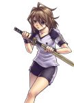  gym_uniform hayate_x_blade shizuma_yuho short_hair shorts sword weapon yu_(uza) 