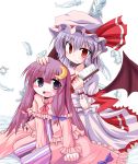  blush bow crescent crescent_moon feathers hair_bow hair_brush hair_ornament hand_on_head hat kuraryu long_hair multiple_girls open_mouth patchouli_knowledge pointy_ears purple_hair red_eyes remilia_scarlet touhou wings 