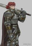  1girl absurdres armor artist_name brown_cape cape from_side highres holding holding_sword holding_weapon m4rjinn original over_shoulder redhead scar scar_on_face short_hair simple_background solo standing sword watermark weapon weapon_over_shoulder 