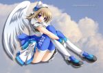  1girl 2000s_(style) all_nippon_airways archived_source ashita_yaru black_footwear black_ribbon blue_footwear blue_gloves blue_headwear blue_sash blue_thighhighs boeing_767 breasts closed_mouth clouds drop_shadow feathered_wings finger_to_mouth full_body gloves hand_up hat hat_ribbon japanese_flag large_breasts light_brown_hair medium_hair miniskirt original personification pleated_skirt ribbon sash shirt shoes short_sleeves sitting skirt smile solo thigh-highs two-tone_footwear two-tone_gloves two-tone_headwear two-tone_legwear two-tone_ribbon two-tone_thighhighs violet_eyes white_gloves white_headwear white_ribbon white_shirt white_skirt white_thighhighs white_wings wings 