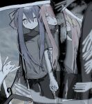  2girls abstract_background alternate_costume black_pants blue_hair bow closed_mouth clothes_hanger colored_skin creature ghost ghost_hands grey_shirt grey_skin hair_bow holding_hands interlocked_fingers jaggy_lines kotonoha_akane kotonoha_aoi kurashi_gas_meter_(voiceroid) long_hair looking_at_another multiple_girls muted_color open_mouth pants photo_(object) pink_bow pink_eyes pink_hair shirt side-by-side sidelocks smile t-shirt toochi_(tochiko0214) torn_photo voiceroid yellow_bow 
