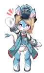  1girl absurdres akademiya_uniform animal_ears blonde_hair blush elze_(s01047480836) furry furry_female genshin_impact gradient_horns hair_between_eyes hat highres horns korean_commentary long_sleeves looking_at_viewer melusine_(genshin_impact) multicolored_horns open_mouth short_hair simple_background solo tail waving white_background 