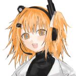  1girl a.i._voice adachi_rei black_shirt blush commentary_request computer_chip hair_ornament hair_ribbon hairclip headlamp headset highres jacket looking_at_viewer medium_hair one_side_up open_clothes open_jacket open_mouth orange_eyes orange_hair radio_antenna ribbon ringed_eyes shirt simple_background smile solo teeth turtleneck upper_teeth_only uso_(user_ymgf7888) utau white_background white_jacket white_ribbon 