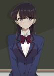  1girl black_eyes black_hair breasts chalkboard chocomiru collared_shirt diagonal-striped_bowtie facing_viewer komi-san_wa_komyushou_desu komi_shouko long_hair looking_to_the_side medium_breasts school school_uniform shirt solo upper_body 