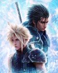  2boys absurdres antenna_hair armor black_hair blonde_hair blue_eyes buster_sword closed_mouth cloud_strife commentary earrings english_commentary final_fantasy final_fantasy_vii final_fantasy_vii_remake glint hair_pulled_back highres jewelry light_particles male_focus multiple_boys realistic ribbed_sweater short_hair shoulder_armor signature single_bare_shoulder single_earring sleeveless sleeveless_turtleneck spiky_hair stud_earrings suspenders sweater sword sword_on_back turtleneck turtleneck_sweater tylor_hepner upper_body weapon weapon_on_back zack_fair 